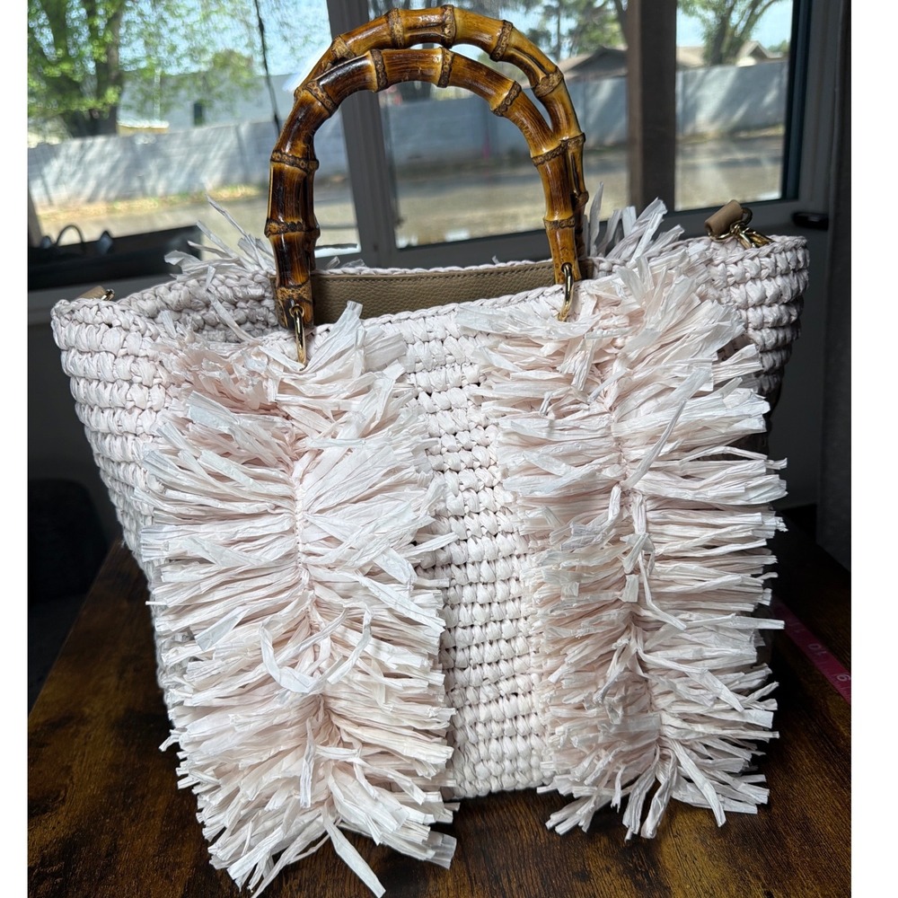 Chicos Pink Raffia Crochet Fringe Bag Bamboo Handle Crossbody Tote - Picture 5 of 15